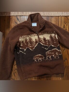 Old Navy Sherpa Fleece Half-Zip in Brown Bear/Mountain Print